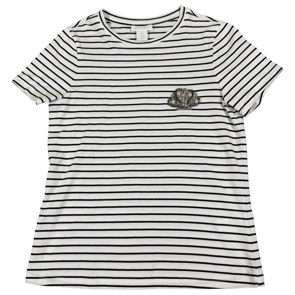 Cynthia Rowley Womens XS Black White Striped Tee Jeweled Crown Stretch Cotton